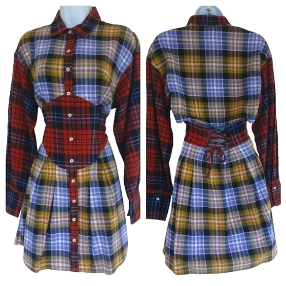 Sam Edelman Plaid Corset Mini Shirtdress Red Yellow Blue Small NWT - Picture 2 of 2